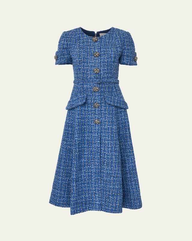 Crystal Button-Front Tweed Midi Dress With Belt